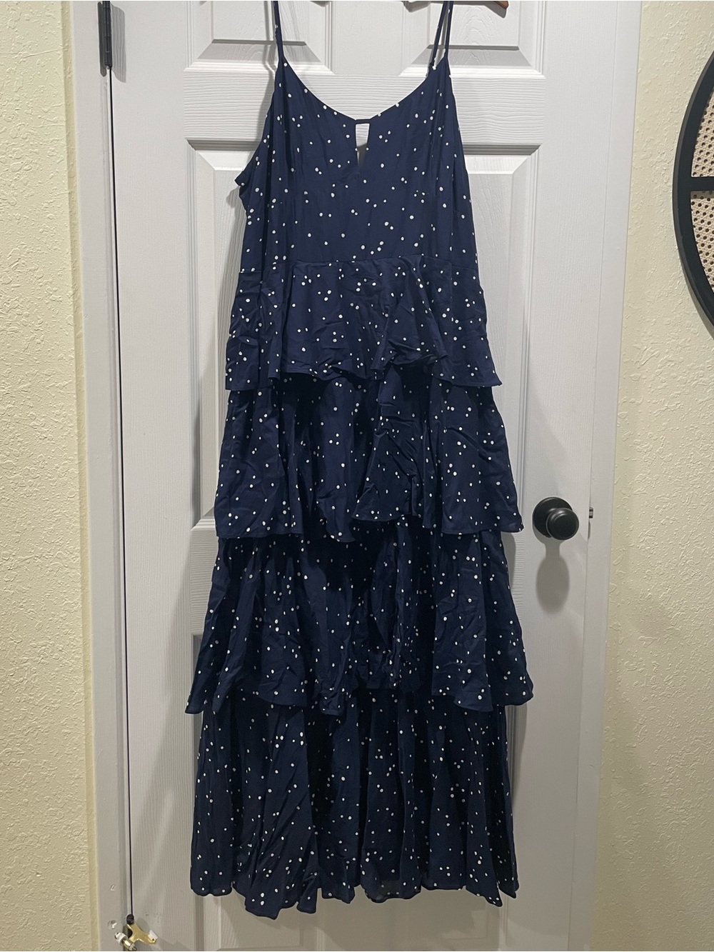 A New Day Navy Polka Dot Tiered Ruffle Maxi Dress XL Smocked Back Sundress